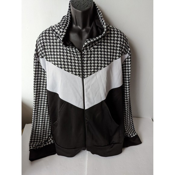 Colorblock Hooded Houndstooth Zip  Jacket Fashion Hoodie Women Plus Size 6XL B&W - Picture 2 of 10